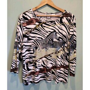 Vtg Take Two Zebra Safari Novelty Sequin 3/4 Sleeve Top Sz XL